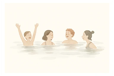 A group of friends swimming in a lake, joyful, soft watercolor style sticker