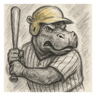 hippo holding a baseball bat, wearing a yellow helmet, pinstripes outfit sticker
