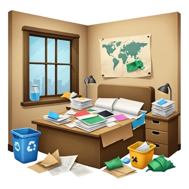 dirty room with papers and trash sticker