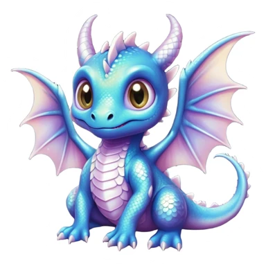 Airbrush painted image of an adorable little baby dragon with large glistening eyes under a deep galactic sky with pearlescent scales and wings spread against the stars sticker