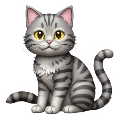 cinematic-[grey tabby cat]-realistic-full-body-sitting-emoji,-tail-curled-playfully-around-its-paws,-head-tilted-dramatically,-scruffy-[grey]-fur,-simplified-yet-realistic-focused-features,-highly-detailed,-glowing-with-an-almost-sarcastic-glow sticker