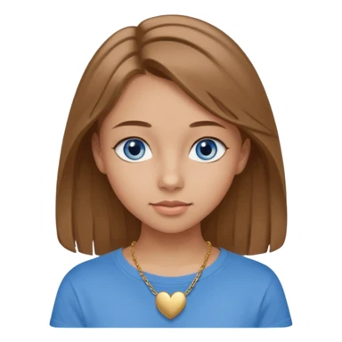 A 16-year-old girl with long, light brown hair and blue eyes. She also has slightly tanned skin, a small nose, and average-sized lips (though her lower lip is slightly larger than her upper lip). She's wearing a taupe T-shirt with a round neck and a gold necklace with a small heart on it. sticker