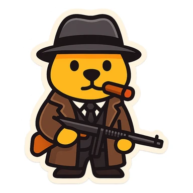 Convert the tough anthropomorphic beaver gangster into a simple emoji version. Keep the fedora, cigar, trench coat, suit, and Tommy gun. Use a clean, minimal style with a transparent background, suitable for an emoji. sticker