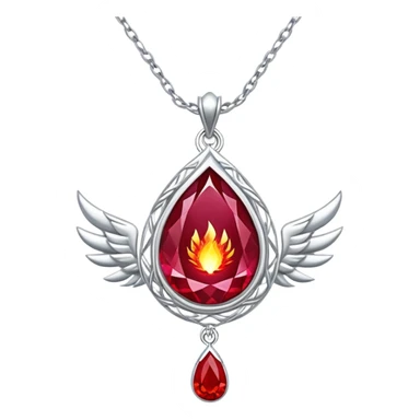 cosmic phoenix talisman: teardrop ruby radiating rebirth energy, ember edges, silver chain floating sticker