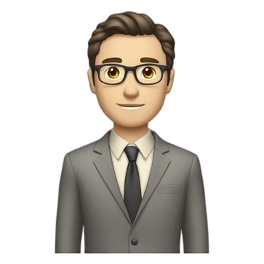 Full height Pale skinned Fit Man With dark brown hair in classic gray suit, beige office shirt, dark gray tie, and vintage glasses. His hands lock sticker