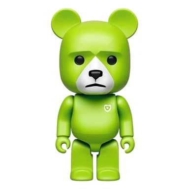geometric bearbrick figurine with block-shaped head, lime green mask covering face except for prominent expressive eyebrows, iconic bear toy sticker