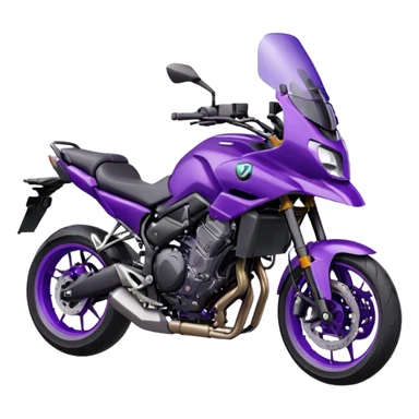 Créer un emoji avec une moto mt07 sport noir mate / violet iridescent très foncé, pare-brise de la moto violet. Avec une pilote dessus visière violet sombre visage caché . Avec fond arrière violet en arrière plan. sticker