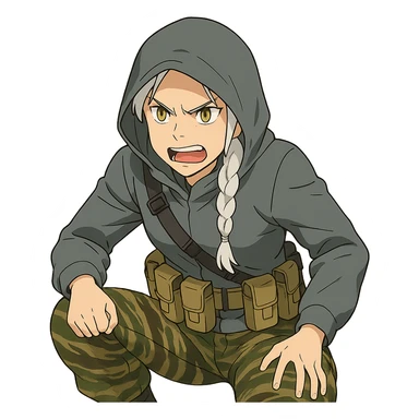 1 female, mid-20's  white hair long braid, gold yellow eyes, gray waterproof tactical shirt hoodie, hood up, single point sling, tan mag pouches on belt rig, tiger stripe camo pants, crouching, angry expression sticker