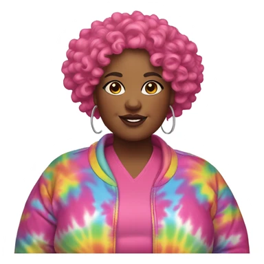 Plus size black woman with pink curly short hair and a tie dye jacket  sticker