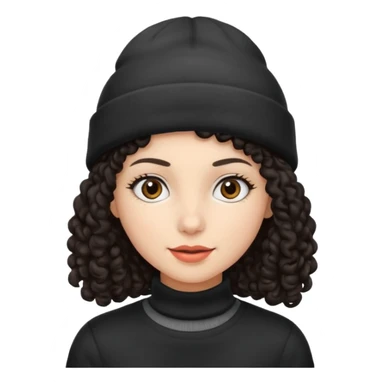 woman with dark curly hair and a beanie sticker