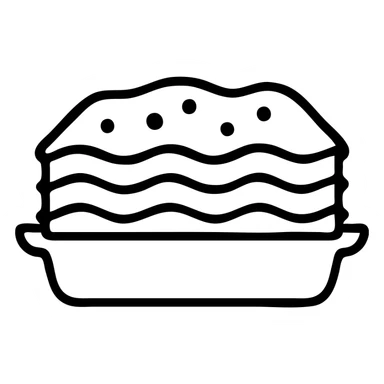 A dish of lasagna with visible pasta layers and sauce sticker