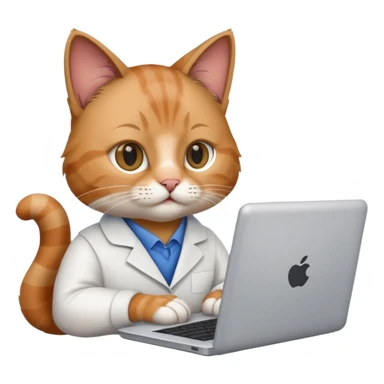 cat researcher typing on a laptop with scientific papers sticker