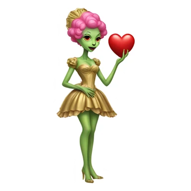 a green alien woman in Victorian gold dress, pink hair,holdig, red big hearth, full body sticker