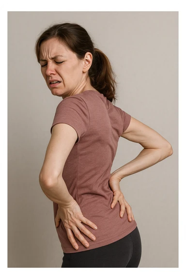 Donna con scoliosi dolorante perchè non ha mobilità a causa di essa sticker