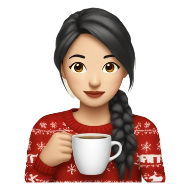 asian girl drinking coffee wearing Christmas sweater sticker