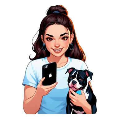 Slightly overweight beautiful girl with choppy long dark hair with her nose piercing and her black iPhone with her her pet pit bull girl with an underbite layed next to her sticker