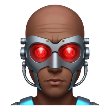 bald dark brown man, half of his face covered in cyborg upgrades such as red laser sticker
