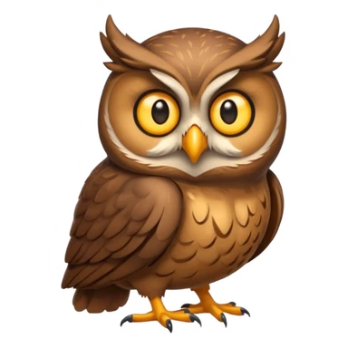 Emoji chouette  brun clair, yeux jaunes brillants, bec recourbé, sagesse et puissance, perchée sur un cerf sticker