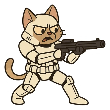stormtrooper cat aiming blaster, action pose sticker