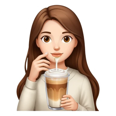 girl with long brown hair has ice latte coffee in glasse cup sticker
