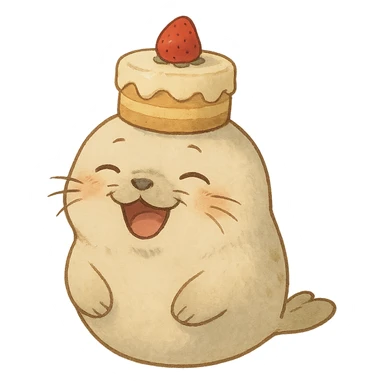 cutie baby seal balancing cake on head with laughing face in soft Ghibli style sticker