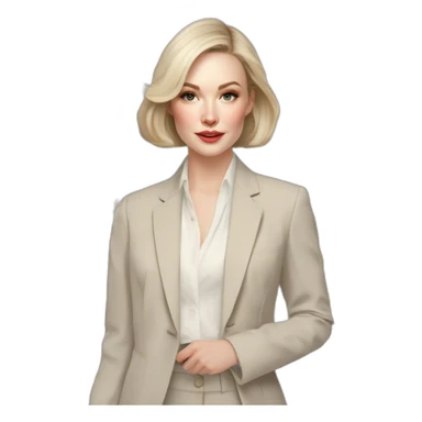 pale skin woman with ash blonde Straightened bob Hair, White Spacious classical jacket, beige palazzo Arrow pants and gray blouse holding a color palettes in the hands sticker