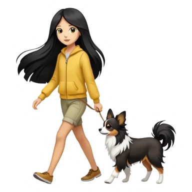 A girl with long black hair is walking a Papillon with yellow and white color sticker