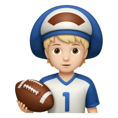 A child stands in a football costume, holding an actor's hat sticker