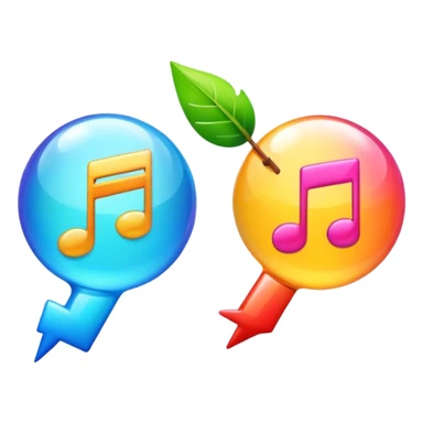 Apple style emoji of two connected bubbles, one containing fast forward arrows symbol and the other containing a musical note, vibrant colors, modern and technological feel sticker