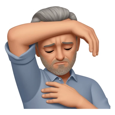 A man who is depressed with his left arm draped over his head so the inside of his left elbow is on his head and his left hand is touching his right shoulder sticker