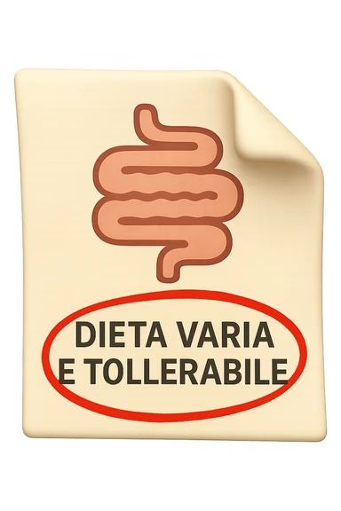 emoji stile iphone di un foglio con un INTESTINO disegnatO sopra e la scritta "DIETA VARIA E TOLLERABILE" CERCHIATA IN ROSSO, iperrealistico 4k, isolato su sfondo bianco sticker