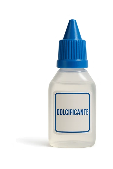 boccetta di dolcificante LIQUIDO COME IL DIETETIC con la scritta "DOLCIFICANTE" SULL'ETICHETTA, ISOLATA SU SFONDO BIANCO sticker