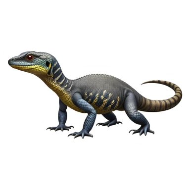 cinematic-monitor-lizard-realistic-full-body-standing on all fours-emoji,-long-powerful-tail-dragging-slightly-behind,-sleek-scaled-body-textured-with-rich-patterns and stripes,-head-tilted-dramatically,-dark-intense-eyes-observing-its-surroundings,-simplified-yet-realistic-focused-features,-highly-detailed,-glowing-with-an-almost-sarcastic-glow sticker