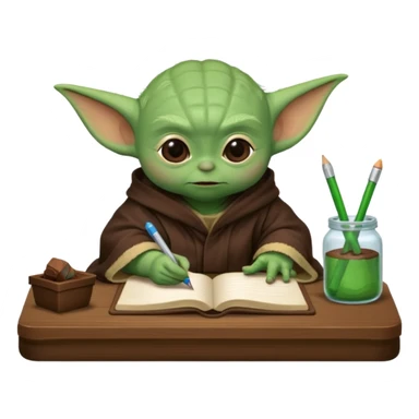Baby Yoda con su tunica chocolate escribiendo en un cuaderno sobre un escritorio sticker