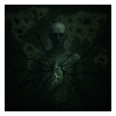 semi-realistic, moody lighting; central human figure semi-transparent, black parasite forms radiate into organs and out to a world map, glowing cracks and green mist, symbolic global impact sticker