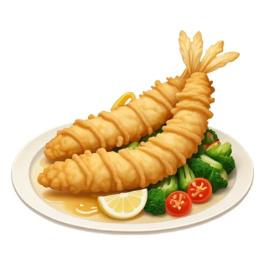 Cinematic Realistic Tempura Dish Emoji, depicted as lightly battered and fried seafood and vegetables rendered with delicate textures and crisp, inviting lighting. sticker