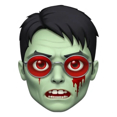 homem zumbi de óculos cabelo preto com muita olheira deixar pele dele verde dentes brancos e olhos vermelhos e ensanguentados deixar óculos quadrado e preto e olhos cheio de veias vermelhas piercing em todo rosto piercing prata colocar risco nas duas sobrancelhas e colocar lábios em sua boca sticker