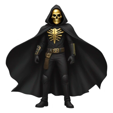 Bounty Hunter Boss with black cape and a half of gold skull mask from death Stranding, full body view sticker
