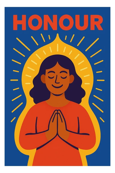 a woman surrounded by a glowing aura with the word 'honour', vibrant uplifting style sticker
