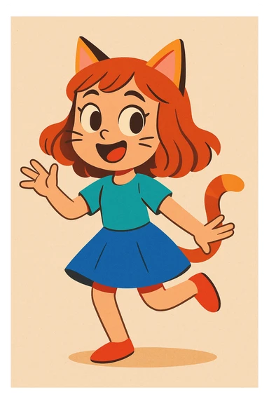 playful character that is half girl, half cat, with cat ears, tail, and subtle whiskers, charming cartoon style, vibrant illustration sticker