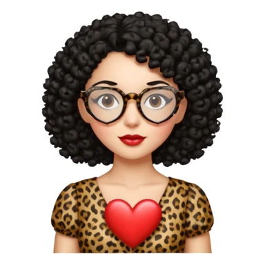 A women with a black curly hair and heart glasses, leopard print dress sticker