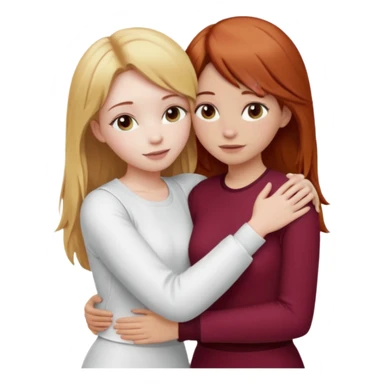 two girls who hug eachother. one has auburn hair with blonde highlights and very pale skin, other has medium-fair skin and blonde hair. first one is wearing white outfit and the second one is wearing a burgundy outfit sticker