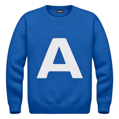 blue sweater with small white letter A in upper right sticker