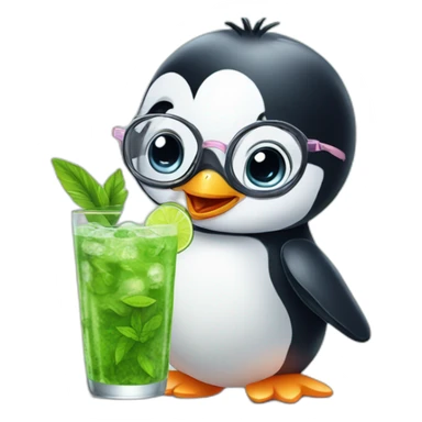 baby penguin with big glasses drinking mojito sticker