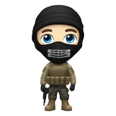 White male, call of duty black mask, camo tactical gear, tan combat boots, black beanie, blue eyes sticker