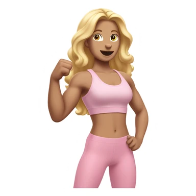 Woman, white skin, pale skin, long hair, blonde hair, wavy hair, baby pink sports bra, baby pink leggings, flexing one arm up sticker