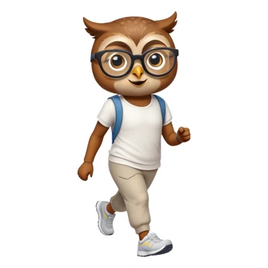 friendly anthropomorphised owl in pants and a shirt, wearing glasses, jogging upright, relaxed pose sticker
