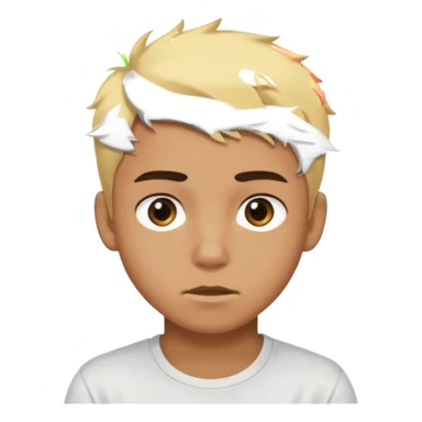 Short buzz, messy blonde hair. Dark brown bushy eyebrows large expressive golden-brown eyes, wearing a plain white t-shirt. Male Teenager. Brown skin color.  sticker