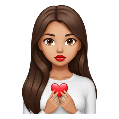 Model sexy tanned beautiful girl with pump lips and brunette straight long hair showing heart sticker