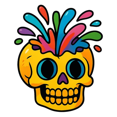 a cartoon skull with the top of its head exploding, colorful, playful, no background sticker